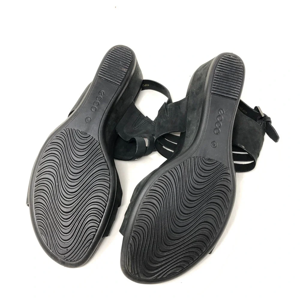 ECCO Womens Sandals 40 Wedge‎ Touch 45 Black Leather Studded Open Toe Heel